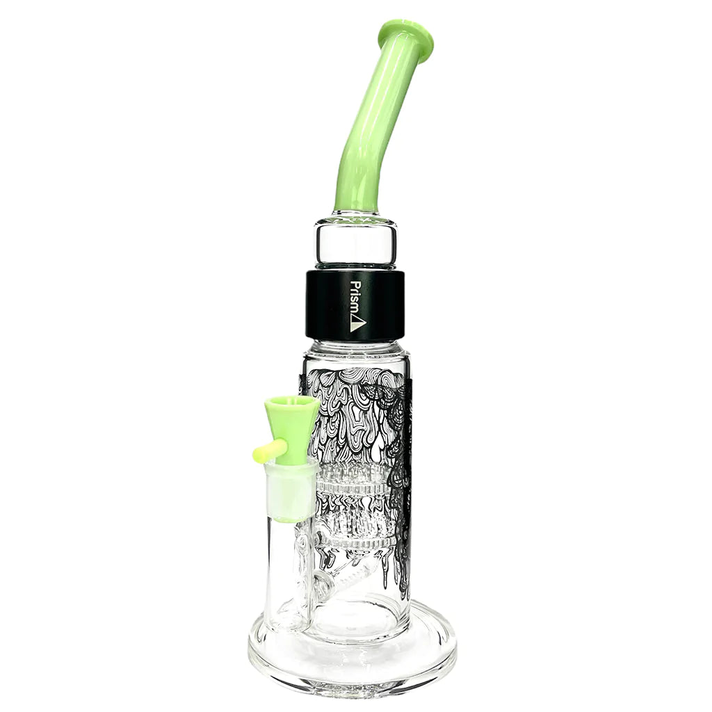 Prism DRIPPY BIG HONEYCOMB SINGLE STACK bong with green accents, front view on white background