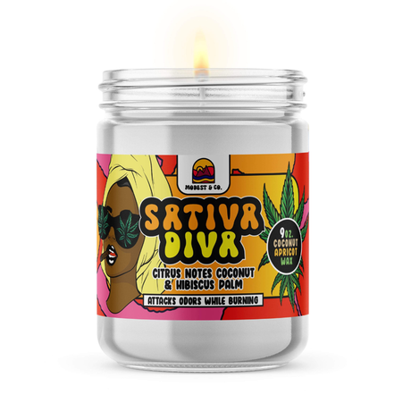 Modest & Co Sativa Diva Luxury Candle, Coconut Apricot Wax, Odor Neutralizing, Front View