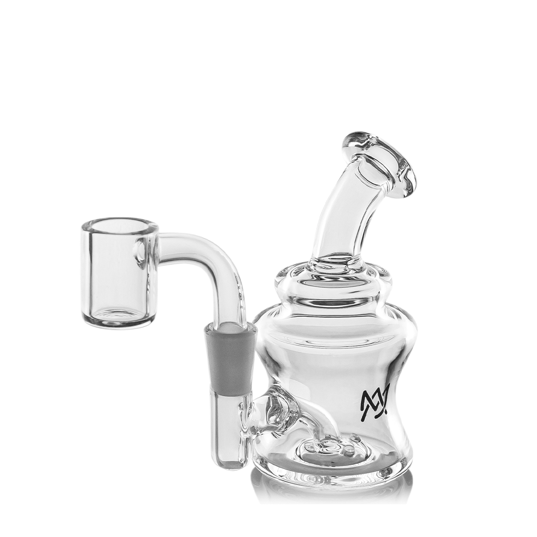 MJ Arsenal Jammer Mini Dab Rig, clear borosilicate glass, 90-degree banger hanger design, front view