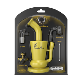 Honeybee Herb Rig Travel Kit in yellow with waterpipe, bowl, banger, tool, and carb cap