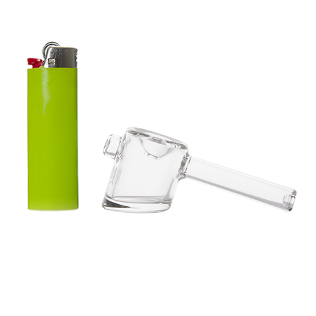 MJ Arsenal Kickstand Hand Pipe - Clear Glass Side View with Green Lighter