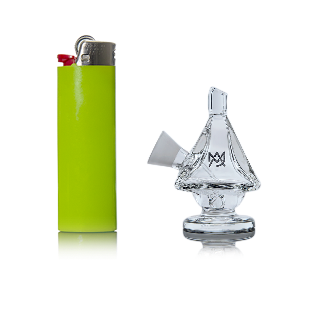 MJ Arsenal King Bubbler, clear borosilicate glass, compact design, with green lighter for scale
