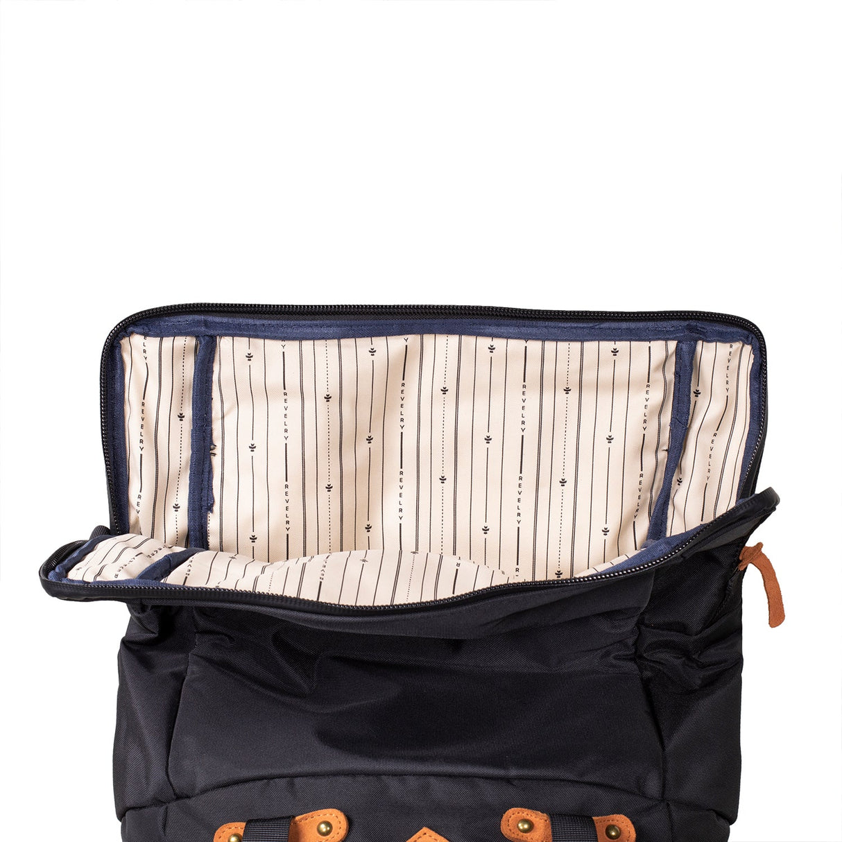 Revelry Supply The Drifter - Open Smell Proof Rolltop Backpack showing striped interior