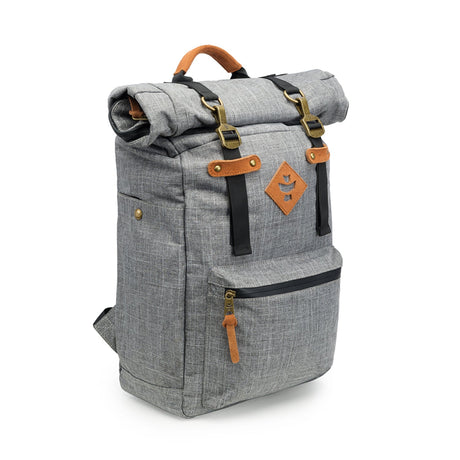 Revelry Supply 'The Drifter' Smell Proof Rolltop Backpack in Crosshatch Grey, Front View