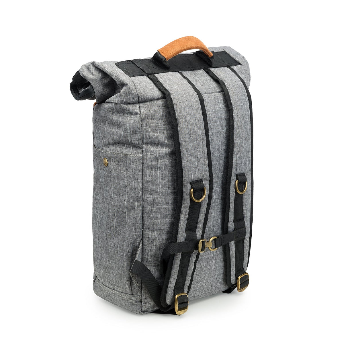 Revelry Supply The Drifter - Smell Proof Rolltop Backpack in grey, rear view with straps