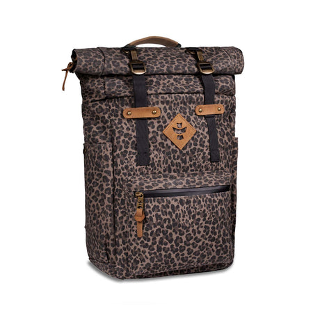 Revelry Supply 'The Drifter' smell proof rolltop backpack in leopard print, front view