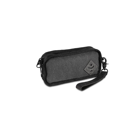 Revelry Supply 'The Gordito' smell-proof padded pouch in smoke color, side view with wrist strap