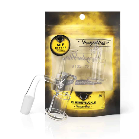 Honeybee Herb Banger with Flat Top, 14mm Male Joint at 90 Degrees, on Yellow Packaging