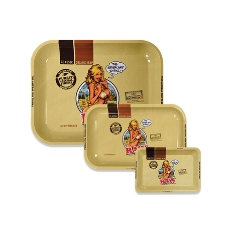 RAW Essential Rolling Trays in various sizes with classic design, perfect for organizing rolling accessories