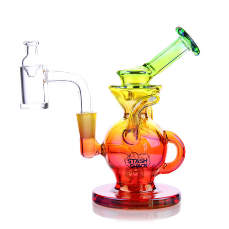 Lirio Mini Rig by The Stash Shack in Rasta colors with a showerhead percolator, front view