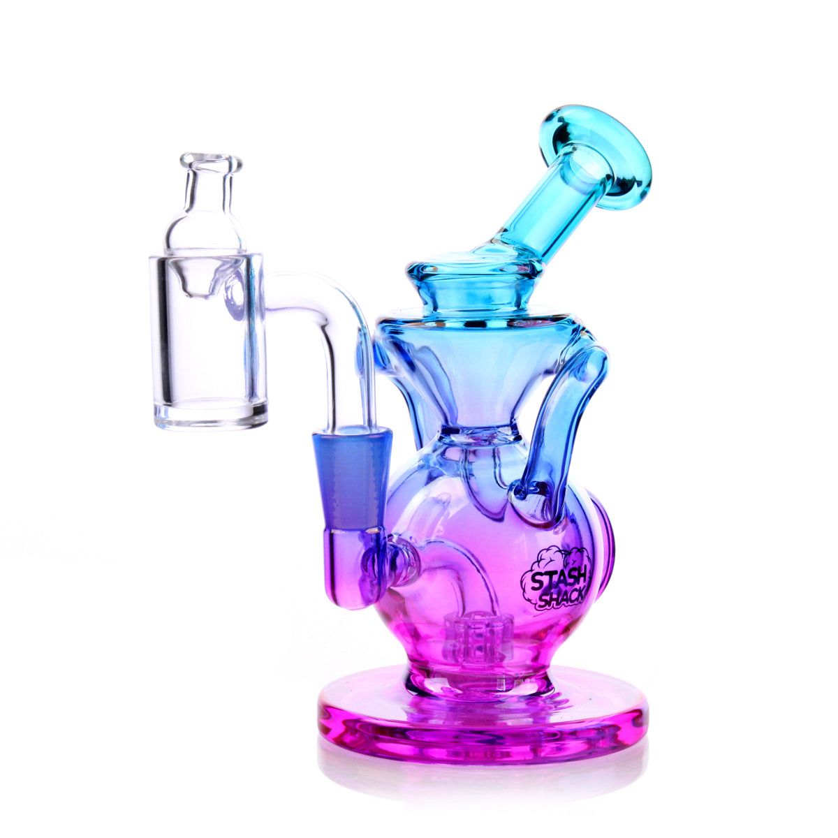 Lirio Mini Rig by The Stash Shack, portable 5.5" dab rig with blue to purple gradient and recycler percolator, front view