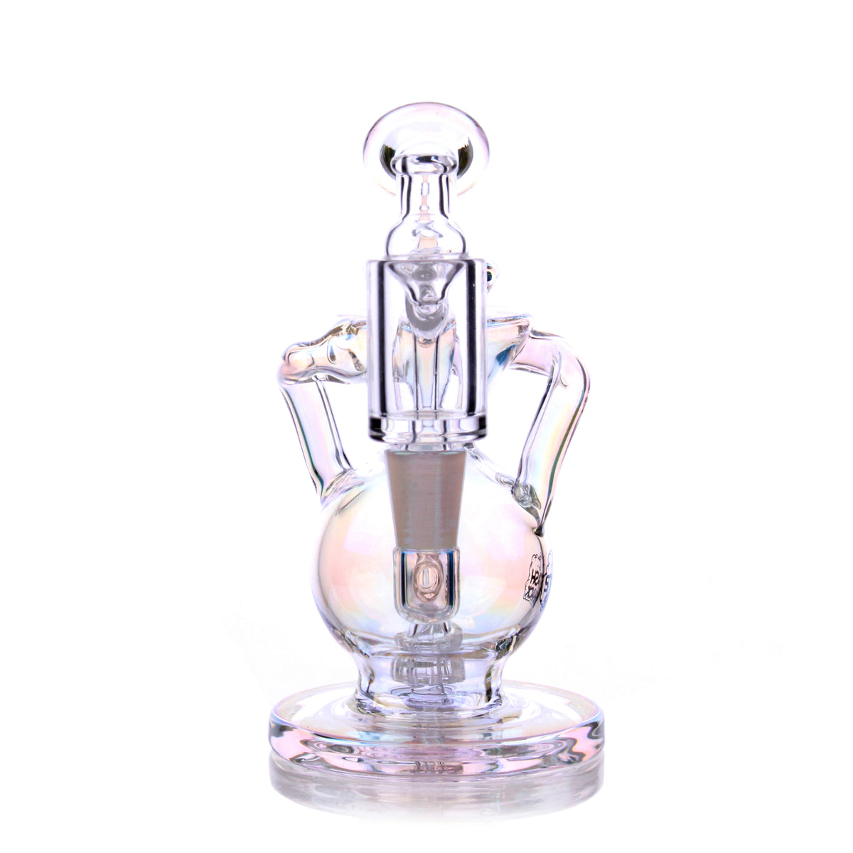 Lirio Mini Rig in clear borosilicate glass with a recycler design and showerhead percolator, front view on white background