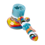 Cheech Glass Wig Wag Bubbler in Blue Red, angled side view on seamless white background