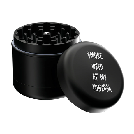 Blackcraft 2" Black Funeral Grinder, 4 Piece, with Text 'Smoke Weed at My Funeral'