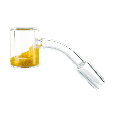 Blue Blood Thermochromic Thermal Banger side view, clear quartz bucket with yellow residue
