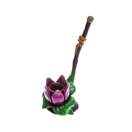 Medusa Customs Hand Carved Pipe, Purple Lotus Design with Green Leaves, Top View