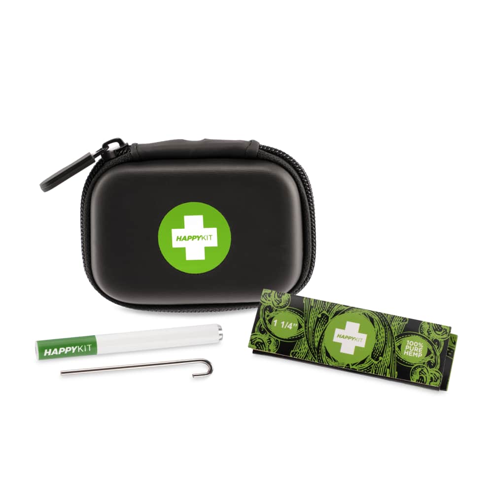Happy Kit Mini travel case with accessories including pipe, one-hitter, and rolling papers