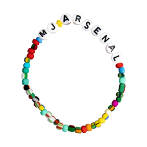 MJ Arsenal colorful beaded bracelet with white letter beads spelling 'MJARSENAL', top view on white