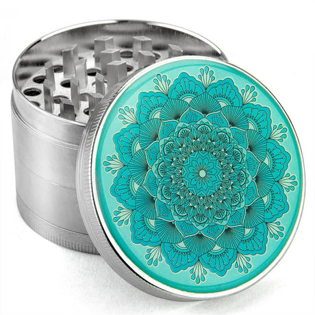 PILOT DIARY Mandala Grinder Silver 2 inches with intricate design, top view beside open compartment