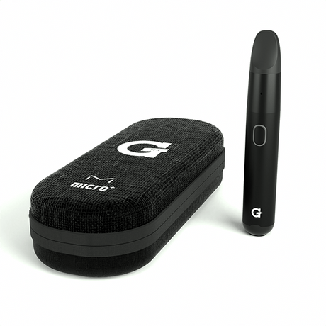 G Pen Micro+ Vaporizer with protective carrying case, sleek black design, side view
