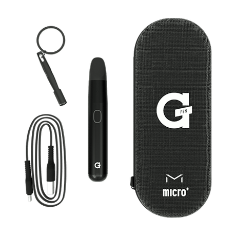 G Pen Micro+ Vaporizer kit with USB cable, keychain tool, and carrying case on a white background