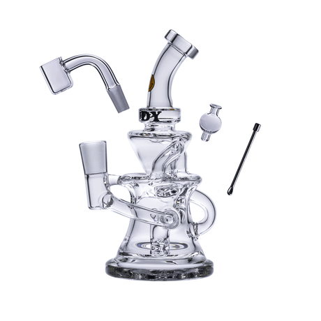 Goody Glass - Miss Swiss Mini Dab Rig Kit, Clear Variant, Front View with Quartz Banger and Tool