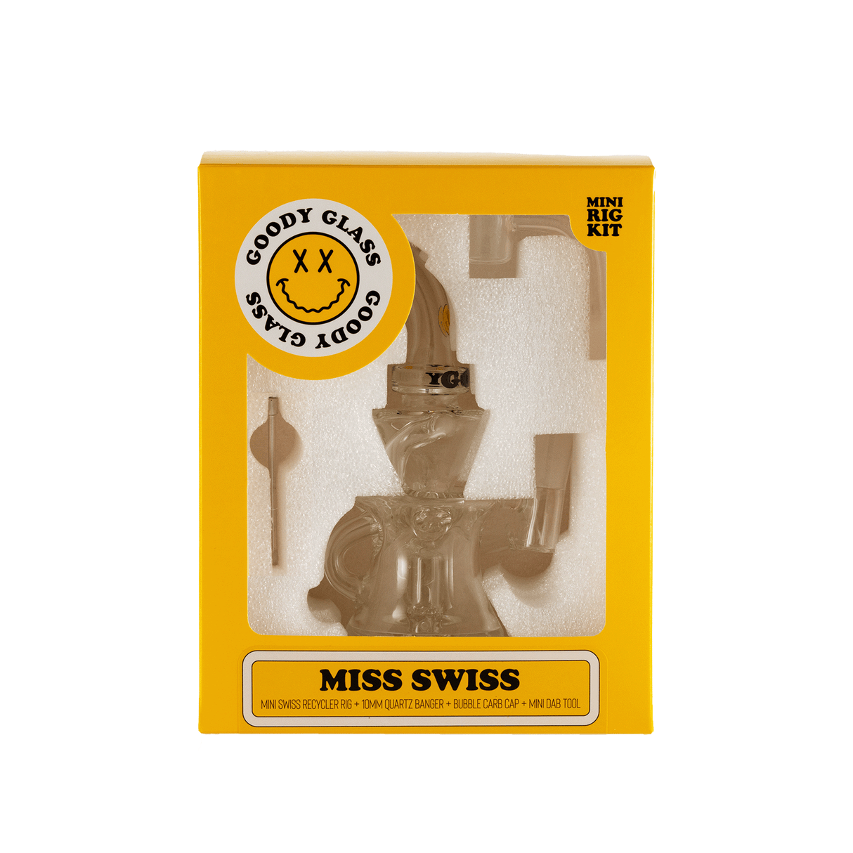 Goody Glass Miss Swiss Mini Dab Rig Kit in packaging, front view, with dab tool and quartz banger