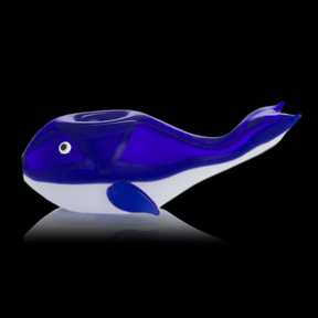 MJ Arsenal Moby Hand Pipe in blue, whale-shaped stone design with front view on seamless black