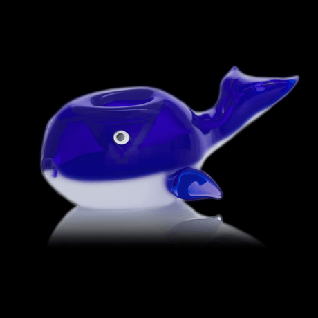 MJ Arsenal Moby Hand Pipe in blue, stone material, whimsical whale design, front view on black background