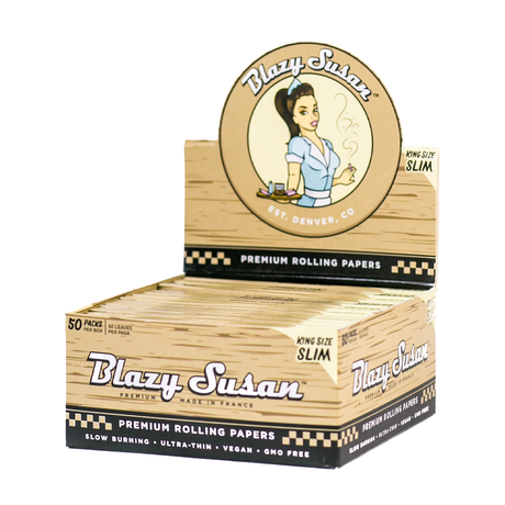 Blazy Susan King Size Slim Unbleached Rolling Papers on display with logo