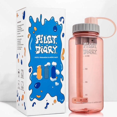 PILOT DIARY POTO Water Bottle Bong in Pink with Packaging - Front View, Portable and Discreet