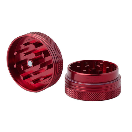 Medusa Customs Flat Grinders in red with textured grip and diamond-shaped teeth, side view