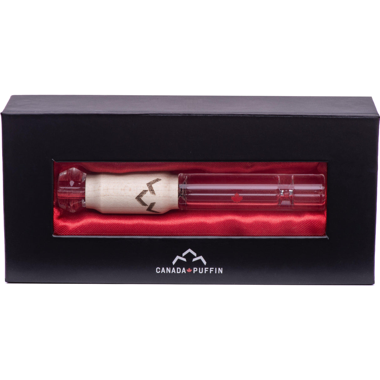 Canada Puffin Northern Lights Taster Pipe in Box - Front View on Red Silk