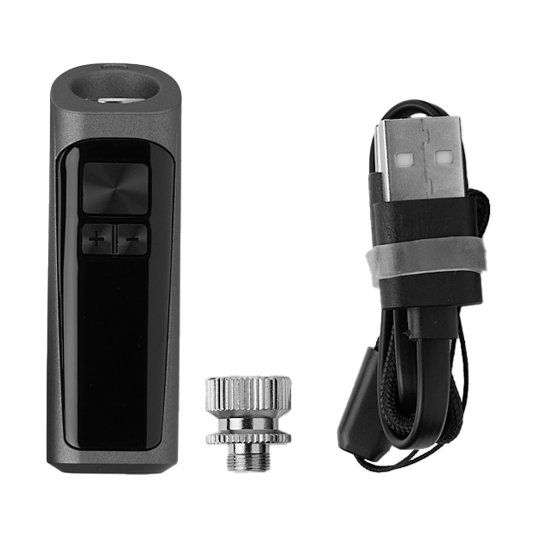 Cartisan Tac Vaporizer front view with USB charger and adapter, compact design for easy travel