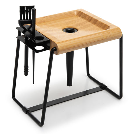 ORION Cone Loader by Blue Bus Fine Tools, compact wooden rolling tray with metal stand and tools
