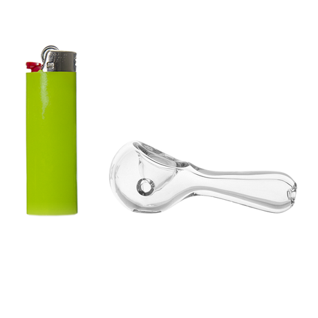 MJ Arsenal Pioneer Hand Pipe - Clear Glass with Deep Bowl - Next to Green Lighter