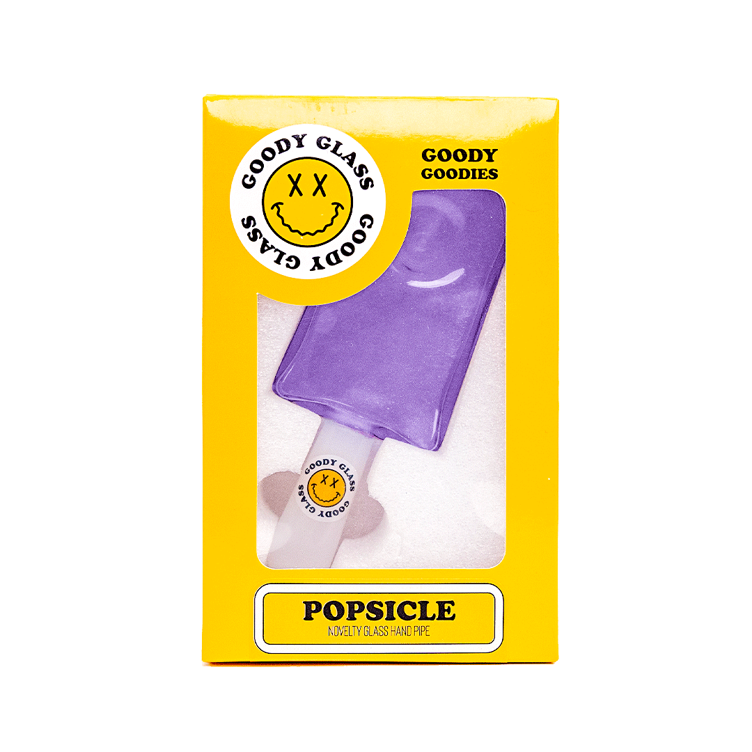 Goody Glass Popsicle Hand Pipe in purple, packaged front view, ideal for collectors