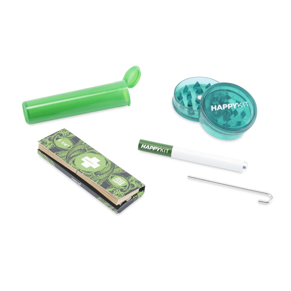 Happy Kit Happy Pouch with green doob tube, grinder, rolling papers, and one-hitter pipe