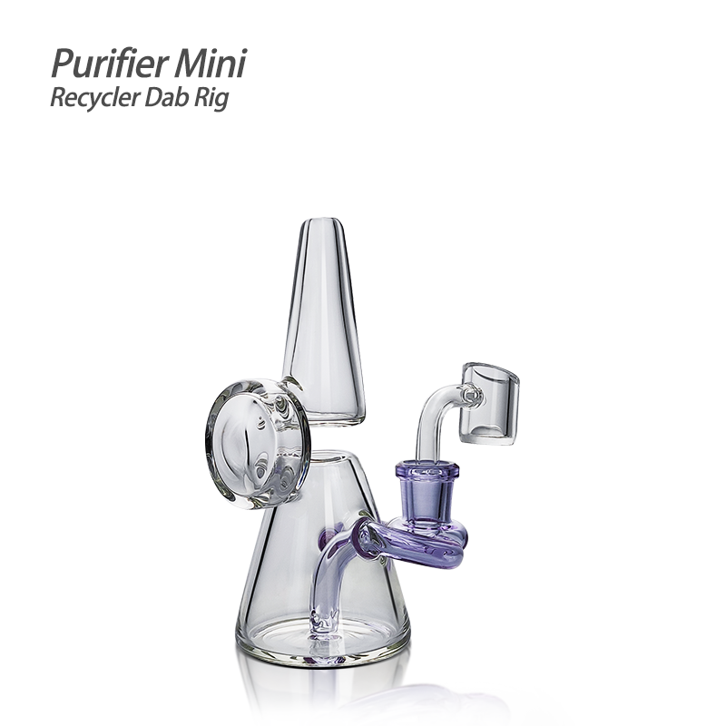 Waxmaid Purifier Mini Recycler Dab Rig with clear glass and purple accents, front view on white background