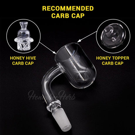 Honey Cyclone Quartz Banger at 90° angle with recommended carb caps for dab rigs