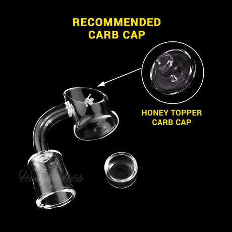 Honey Cup Quartz Banger at 90° angle with Honey Topper Carb Cap, clear view on black background