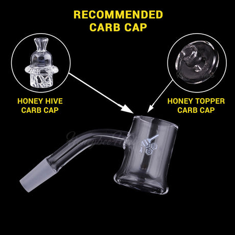 Honey Mug Quartz Banger at 45° angle with recommended carb caps, clear design for dab rigs