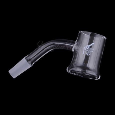 Honeybee Herb Honey Mug Quartz Banger at 45° angle, clear, for dab rigs, 10mm male joint, side view