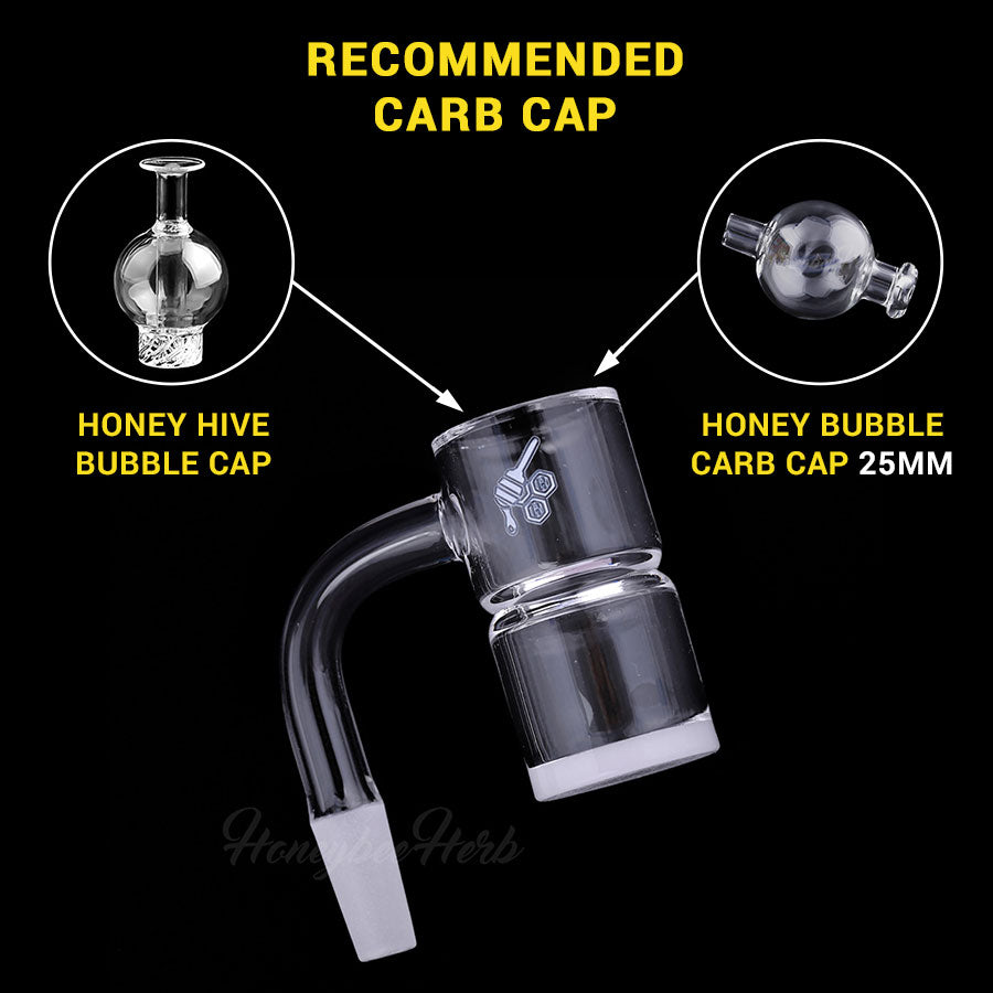Honey & Milk Bevel Splash Bucket Quartz Banger at 90° angle with recommended carb caps
