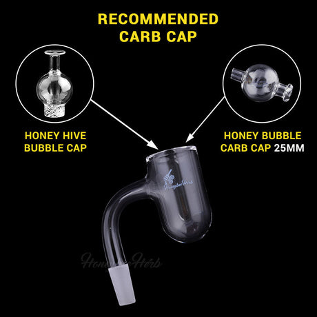 Honey Bevel Quartz Banger at 90° angle with recommended carb caps on black background