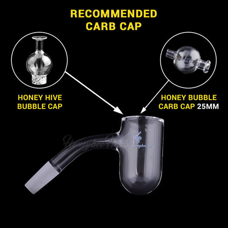 Honey Bevel Quartz Banger at 45° angle with recommended carb caps for dab rigs on black background