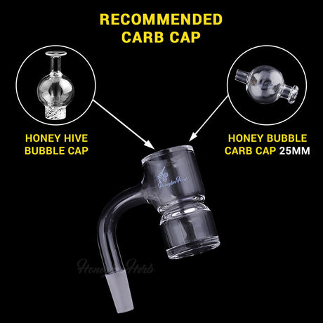 Honeybee Herb Bevel Splash Bucket 90° with Recommended Carb Caps, Clear Quartz, Side View