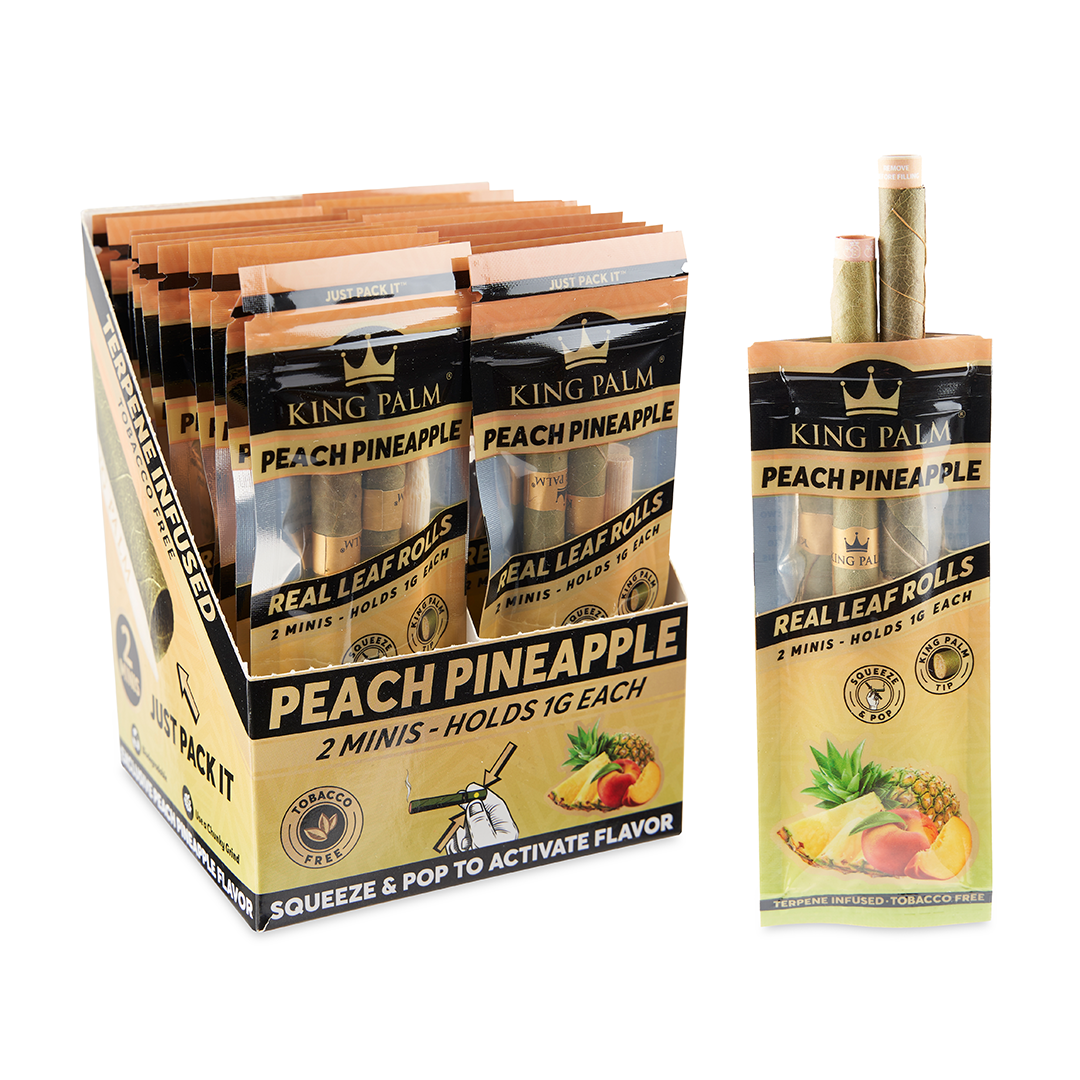 King Palm Mini Rolling Cones Variety Pack in Peach Pineapple flavor, tobacco-free with real palm leaf