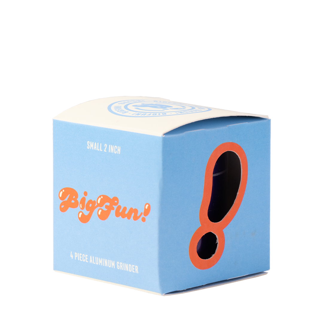 BigFun! 2" Aluminum Grinder packaging, front view highlighting compact size and diamond teeth feature