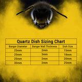 Honeybee Herb 90° Quartz Banger Sizing Chart on yellow background with bee motif for easy selection